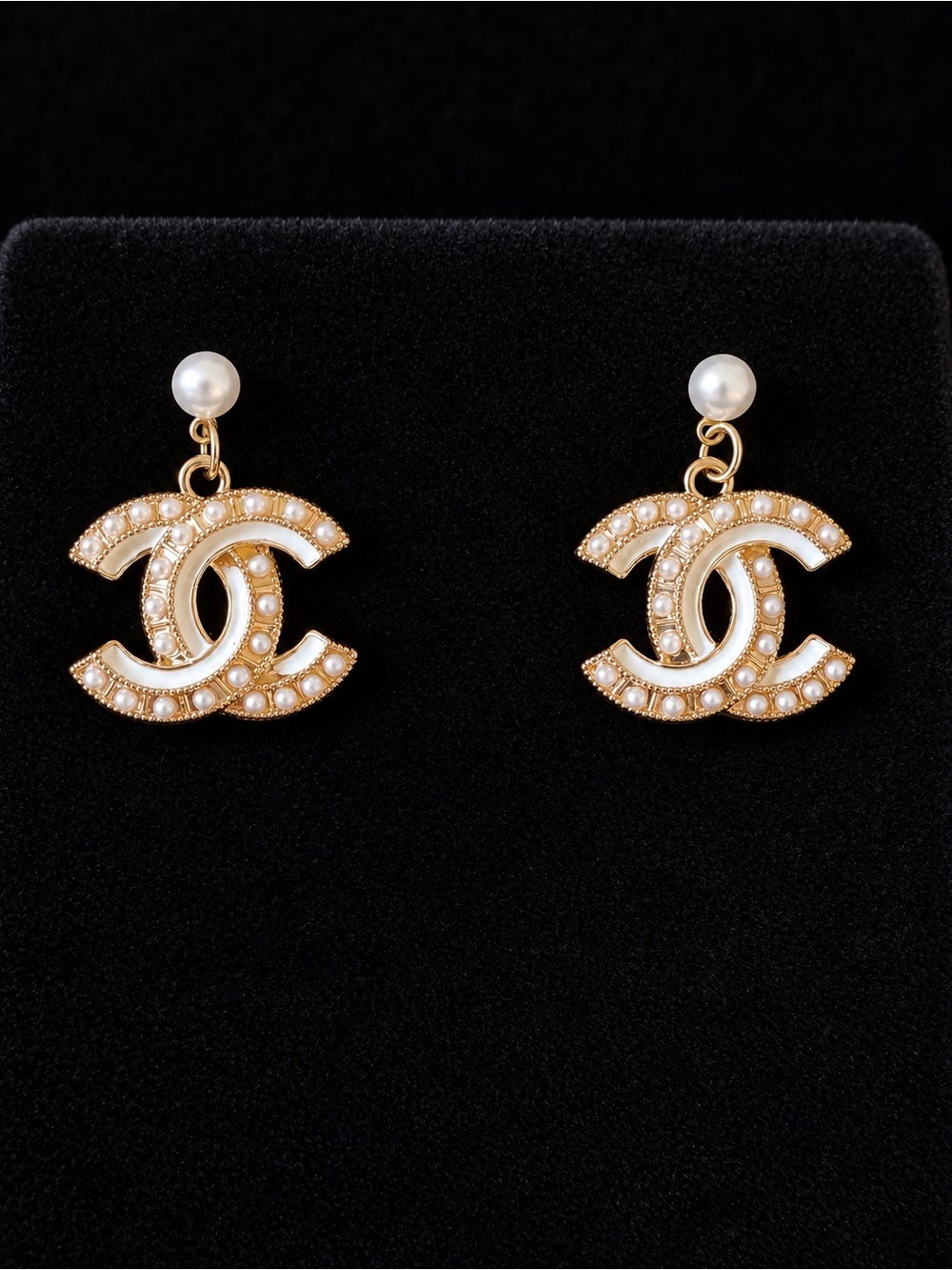 CHANEL Gold-Tone Pearl Double C Drop Earrings
